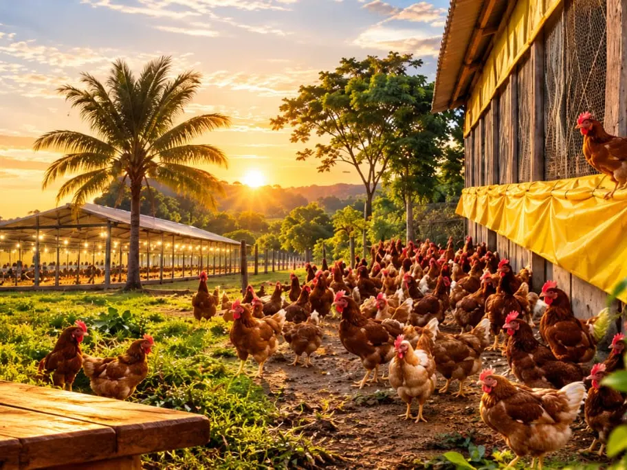 Galinhas caipiras soltas no pasto do Sítio do Bunito ao pôr do sol, com uma cesta de ovos em primeiro plano